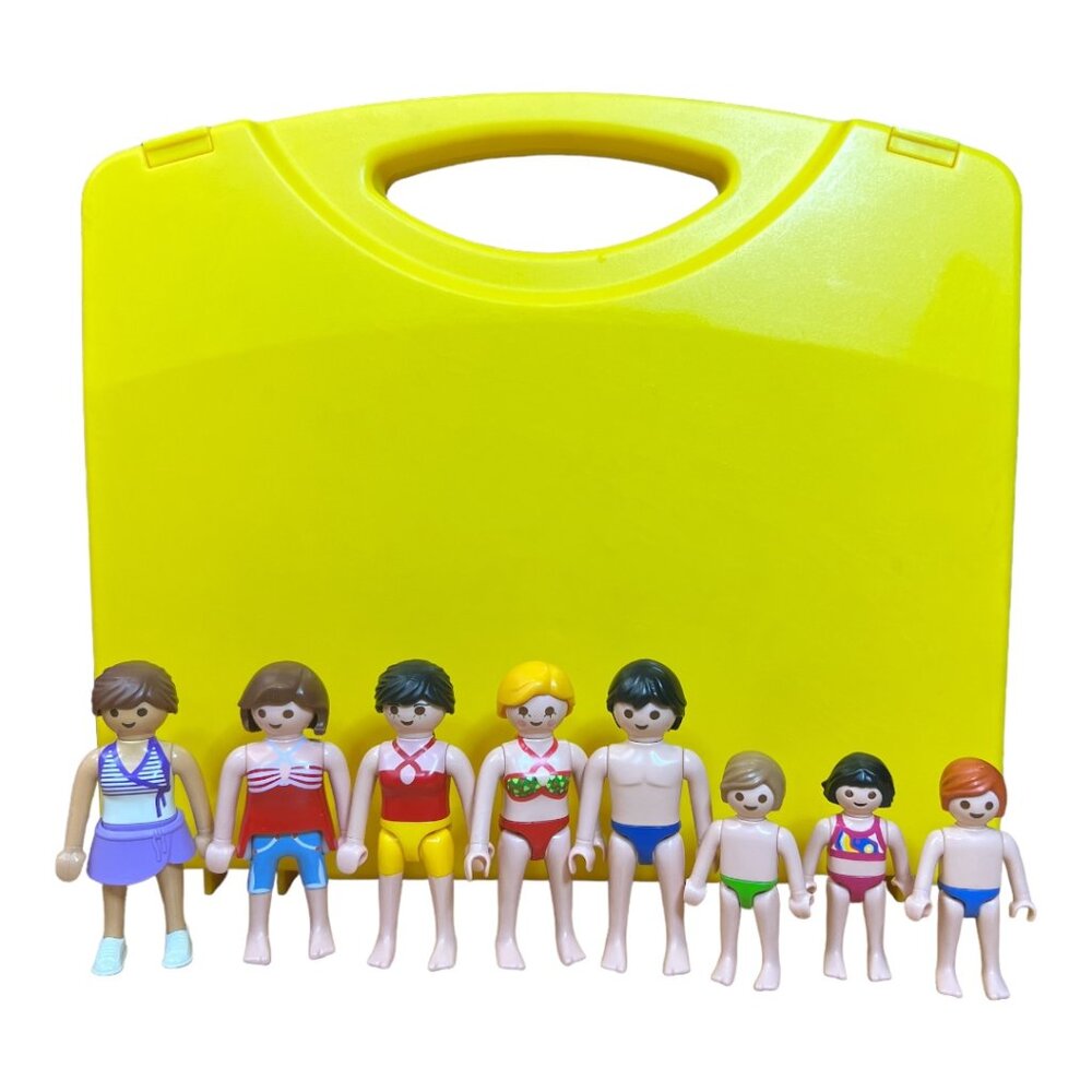 Lot of 8 Playmobil Beach Action Figures & Case